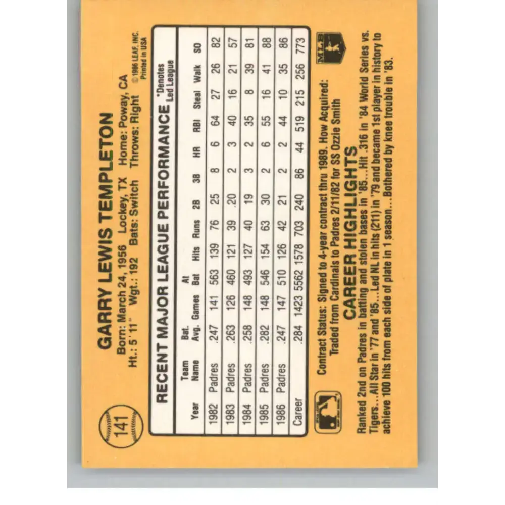 1987 Donruss #141 Garry Templeton EX Excellent San Diego Padres Baseball Card - Baseball Card Single