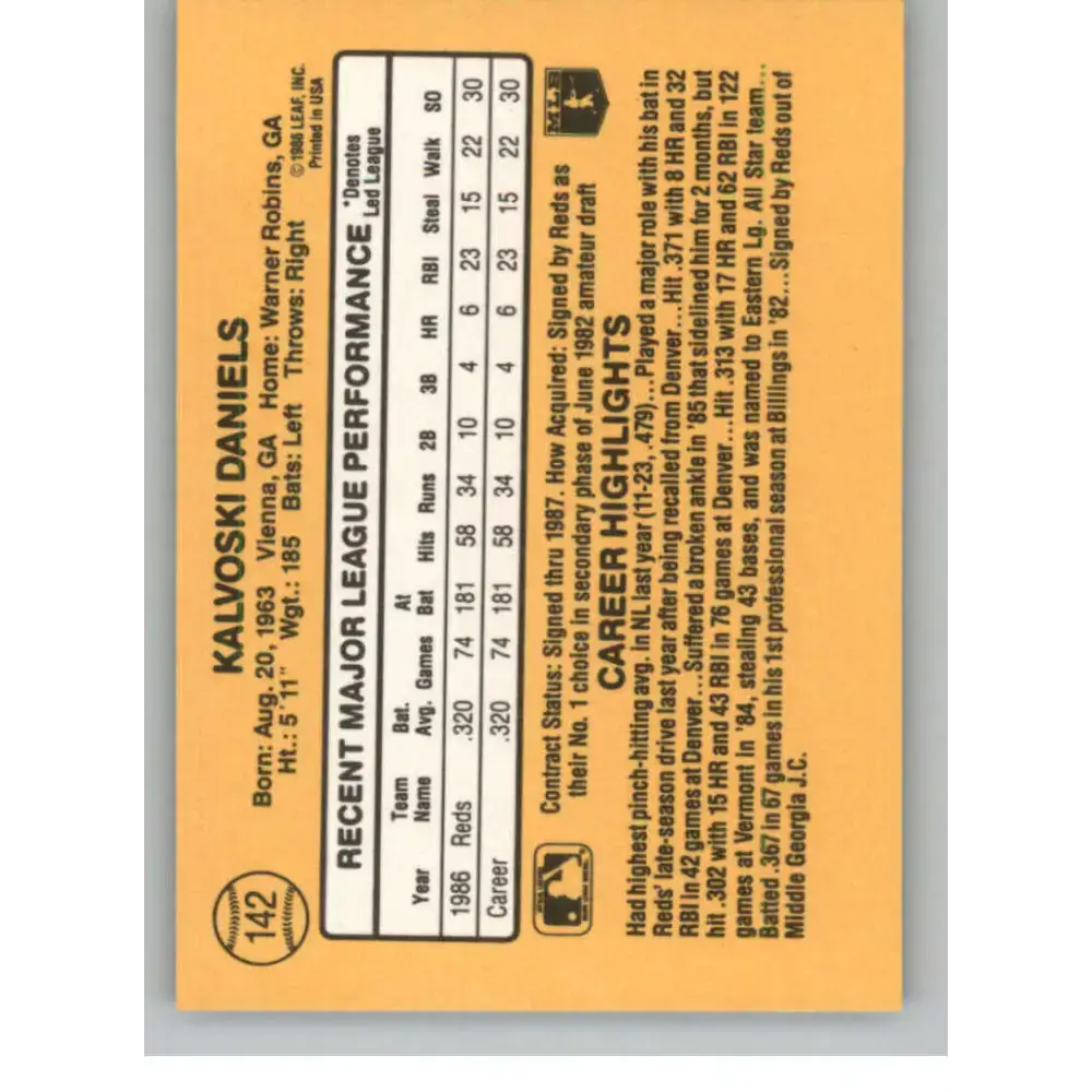 1987 Donruss #142 Kal Daniels EX Excellent Cincinnati Reds Baseball Card - Baseball Card Single