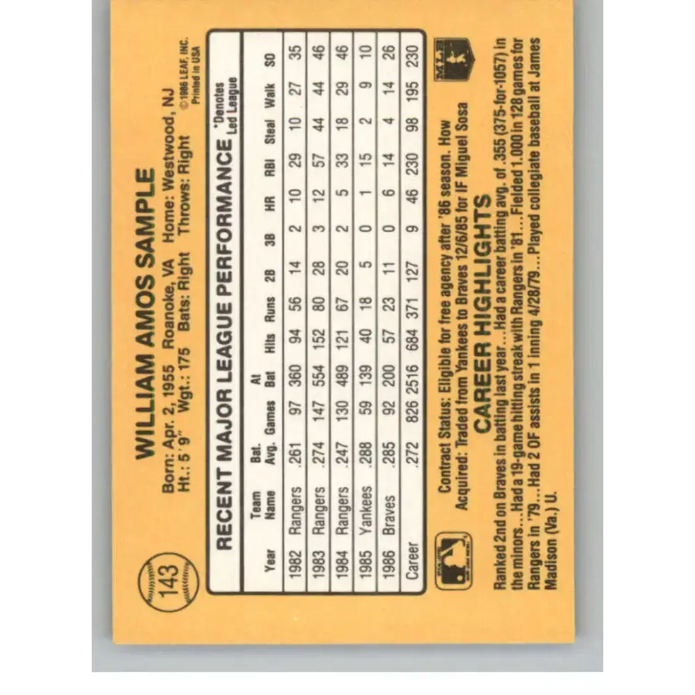 1987 Donruss #143 Billy Sample EX Excellent Atlanta Braves Baseball Card - Baseball Card Single