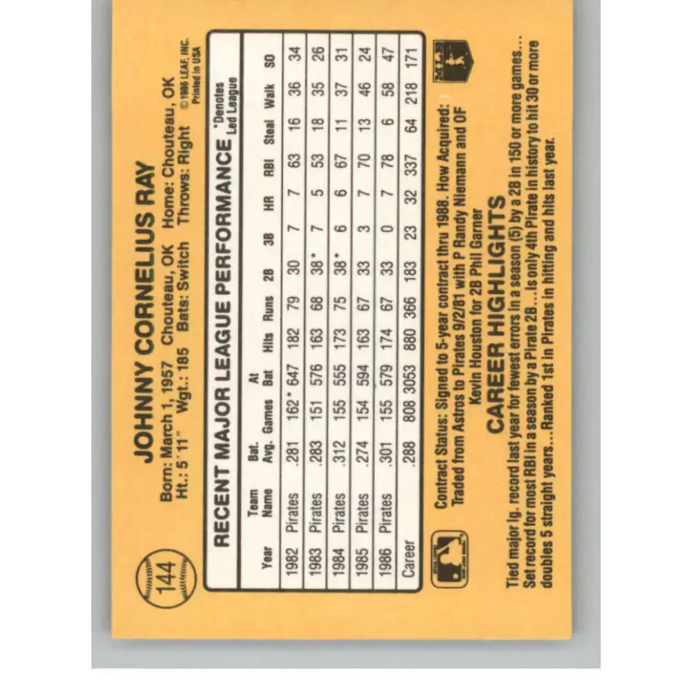 1987 Donruss #144 Johnny Ray EX Excellent Pittsburgh Pirates Baseball Card - Baseball Card Single