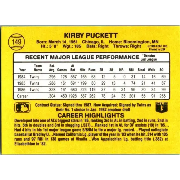 1987 Donruss #149 Kirby Puckett EX Excellent Minnesota Twins Baseball Card - Baseball Card Single