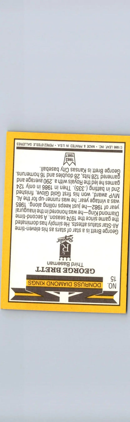 Yellow-bordered 1987 Donruss George Brett baseball card on white background