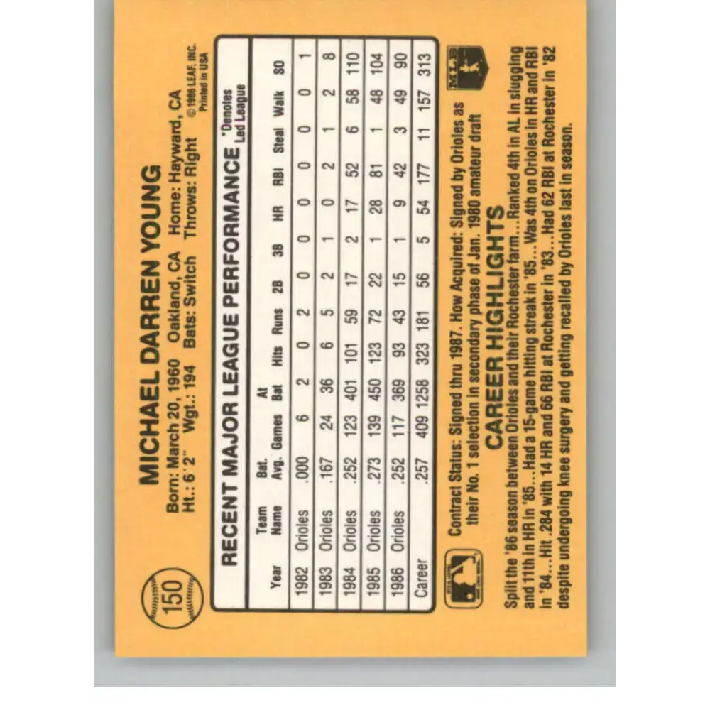 1987 Donruss #150 Mike Young EX Excellent Baltimore Orioles Baseball Card - Baseball Card Single