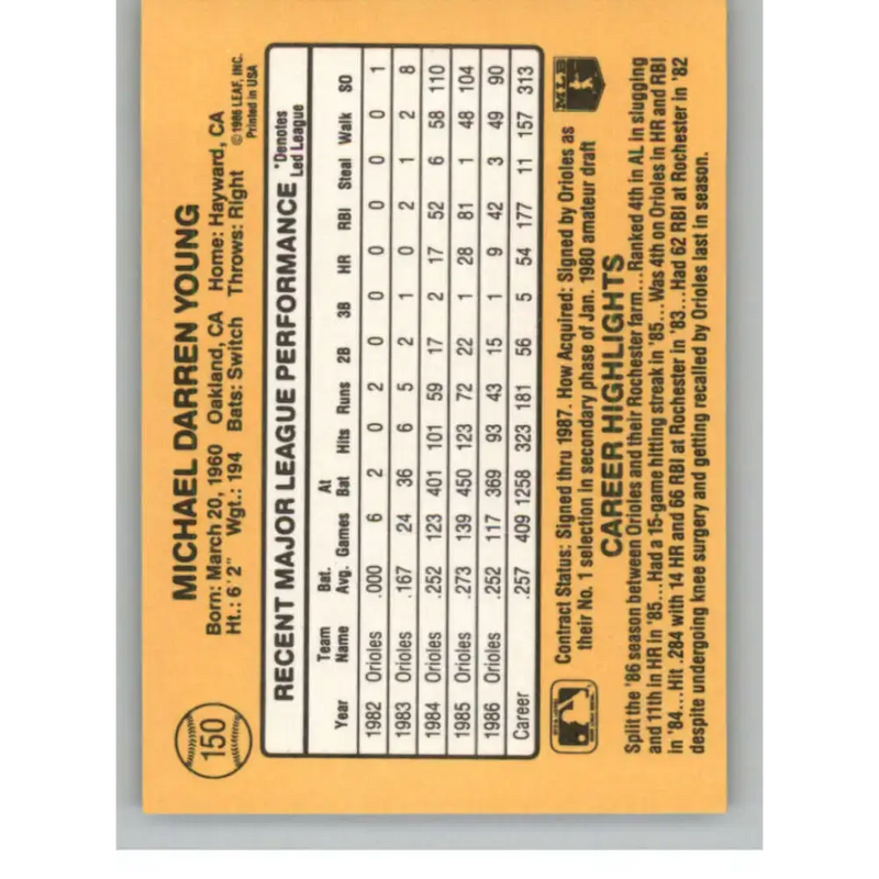 1987 Donruss #150 Mike Young EX Excellent Baltimore Orioles Baseball Card - Baseball Card Single