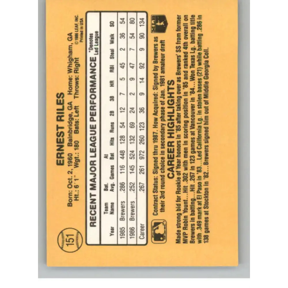 1987 Donruss #151 Ernest Riles EX Excellent Milwaukee Brewers Baseball Card - Baseball Card Single