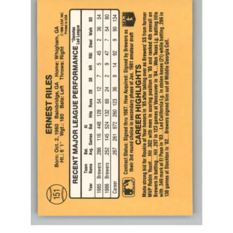 1987 Donruss #151 Ernest Riles EX Excellent Milwaukee Brewers Baseball Card - Baseball Card Single