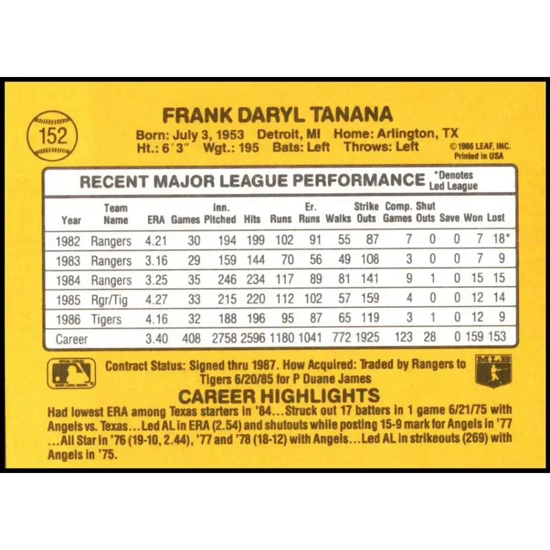 1987 Donruss #152 Frank Tanana EX Excellent Detroit Tigers Baseball Card - Baseball Card Single