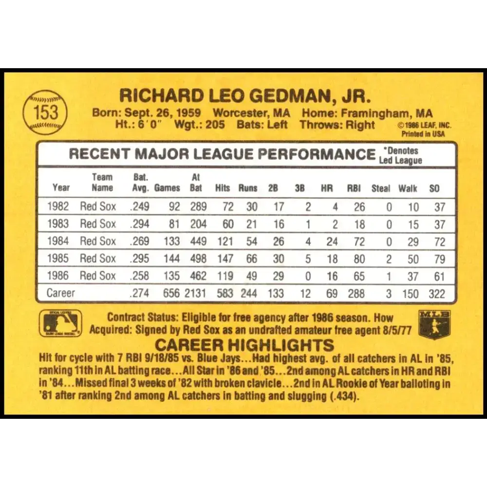 1987 Donruss #153 Rich Gedman EX Excellent Boston Red Sox Baseball Card - Baseball Card Single