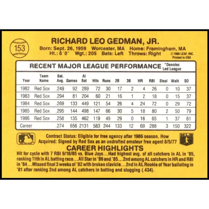 1987 Donruss #153 Rich Gedman EX Excellent Boston Red Sox Baseball Card - Baseball Card Single
