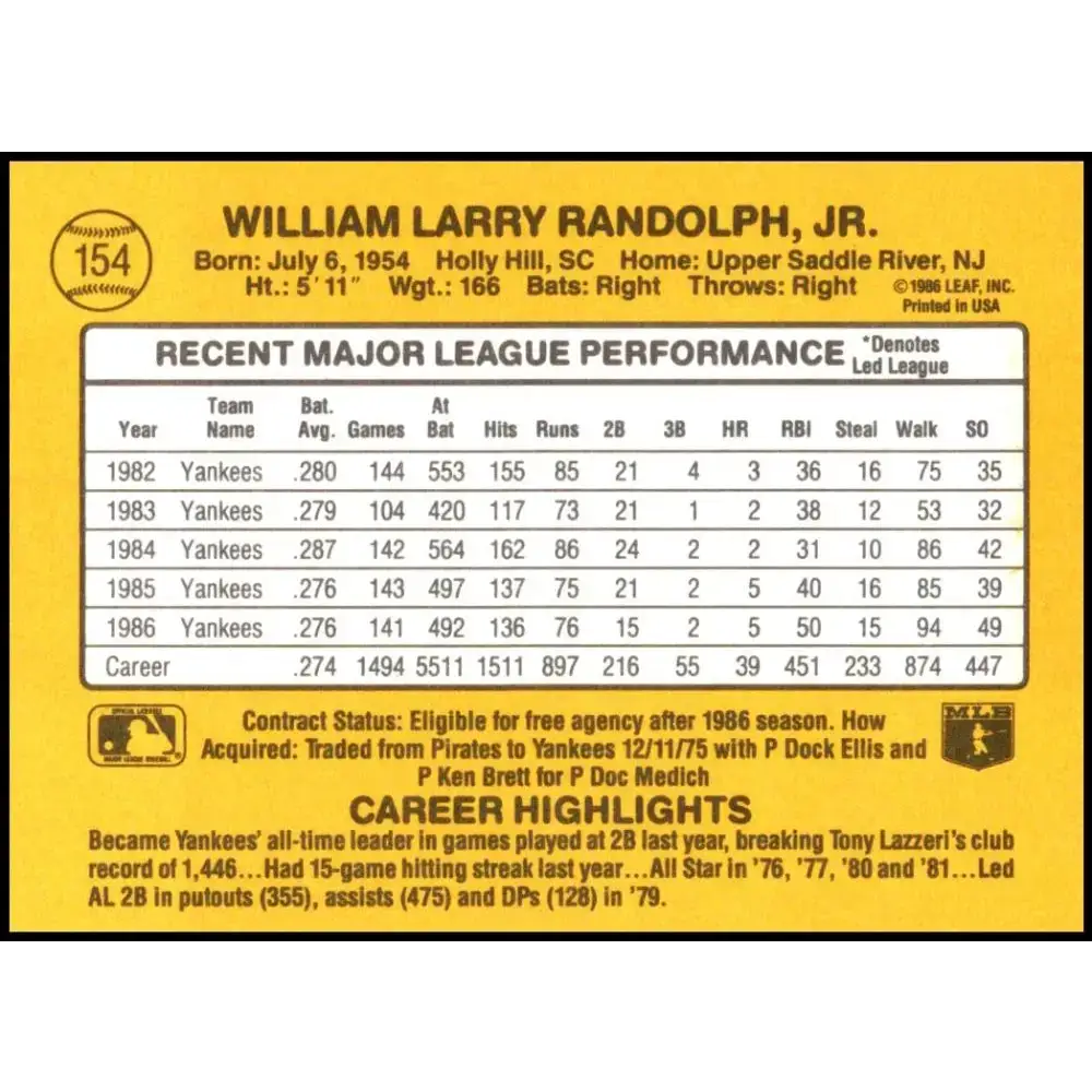 1987 Donruss #154 Willie Randolph EX Excellent New York Yankees Baseball Card - Baseball Card Single