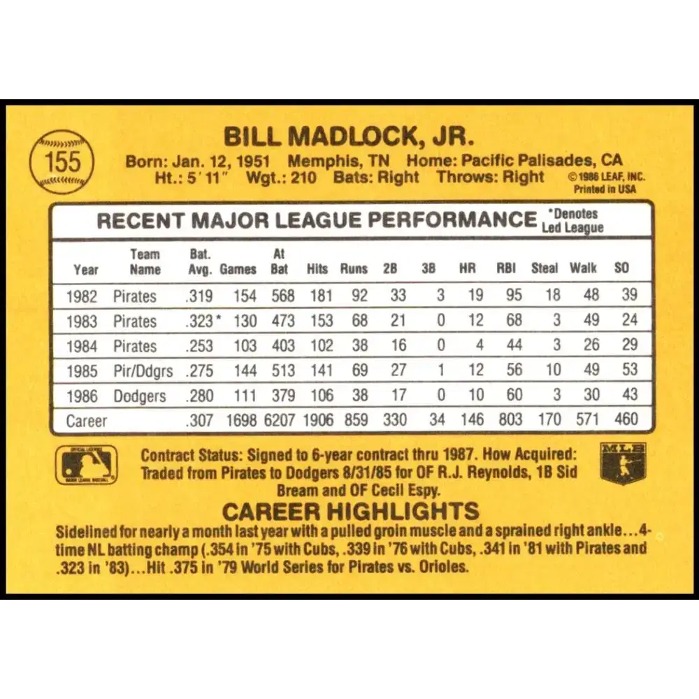 1987 Donruss #155 Bill Madlock EX Excellent Los Angeles Dodgers Baseball Card - Baseball Card Single