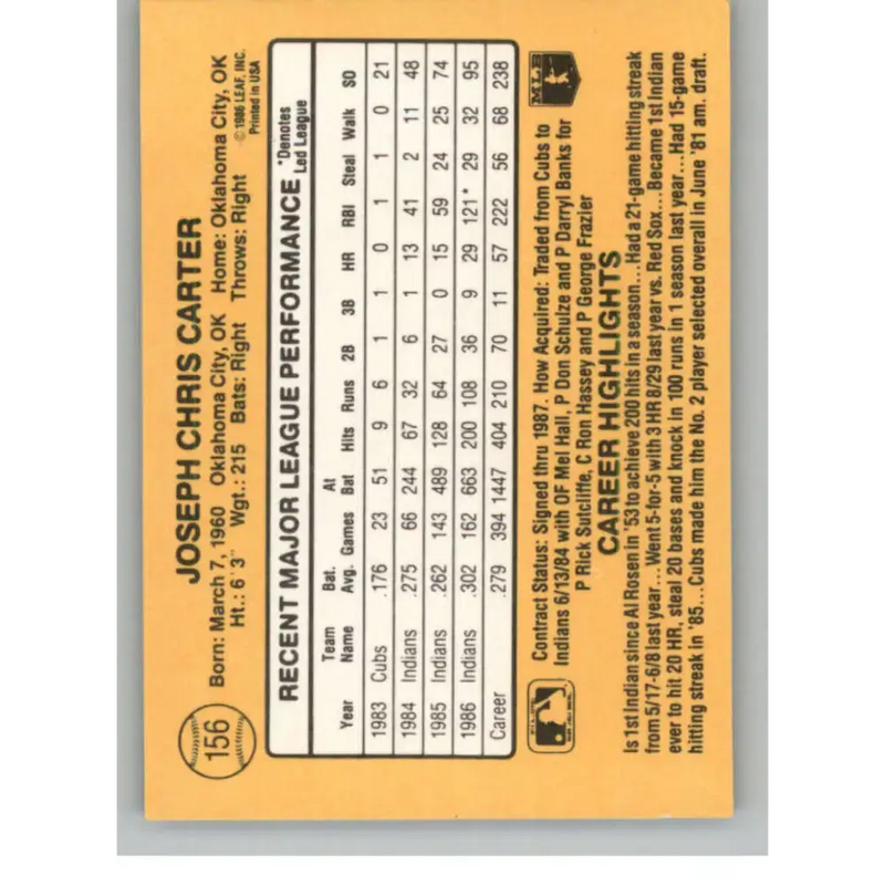 1987 Donruss #156 Joe Carter EX Excellent Cleveland Indians Baseball Card - Baseball Card Single