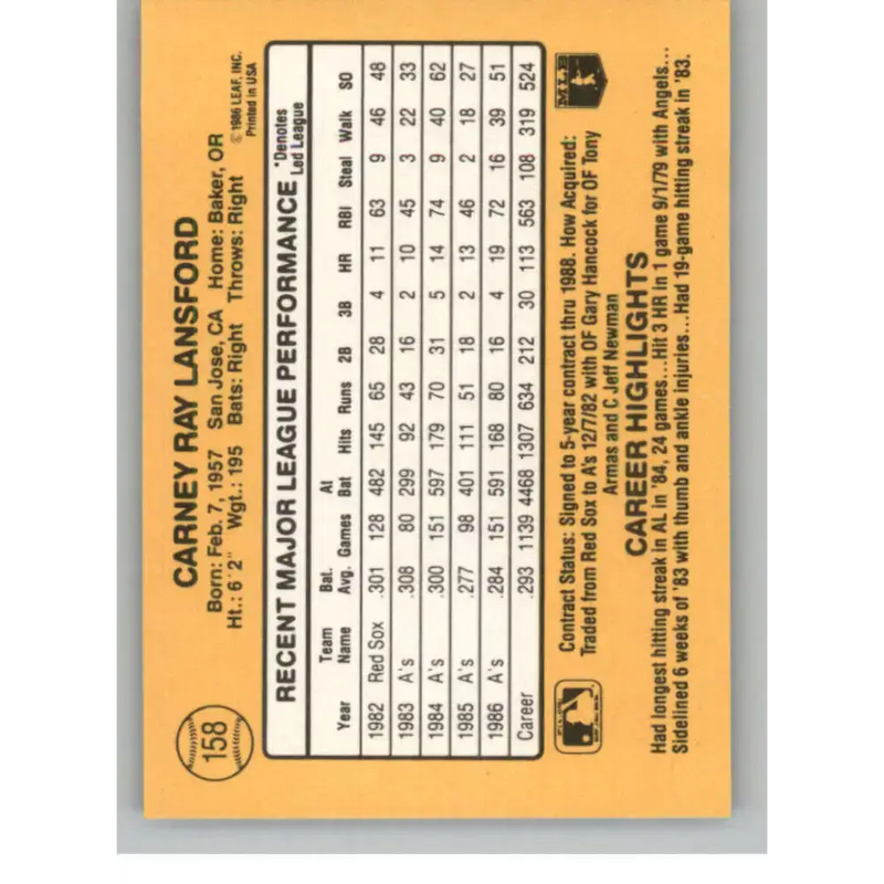 1987 Donruss #158 Carney Lansford EX Excellent Oakland Athletics Baseball Card - Baseball Card Single