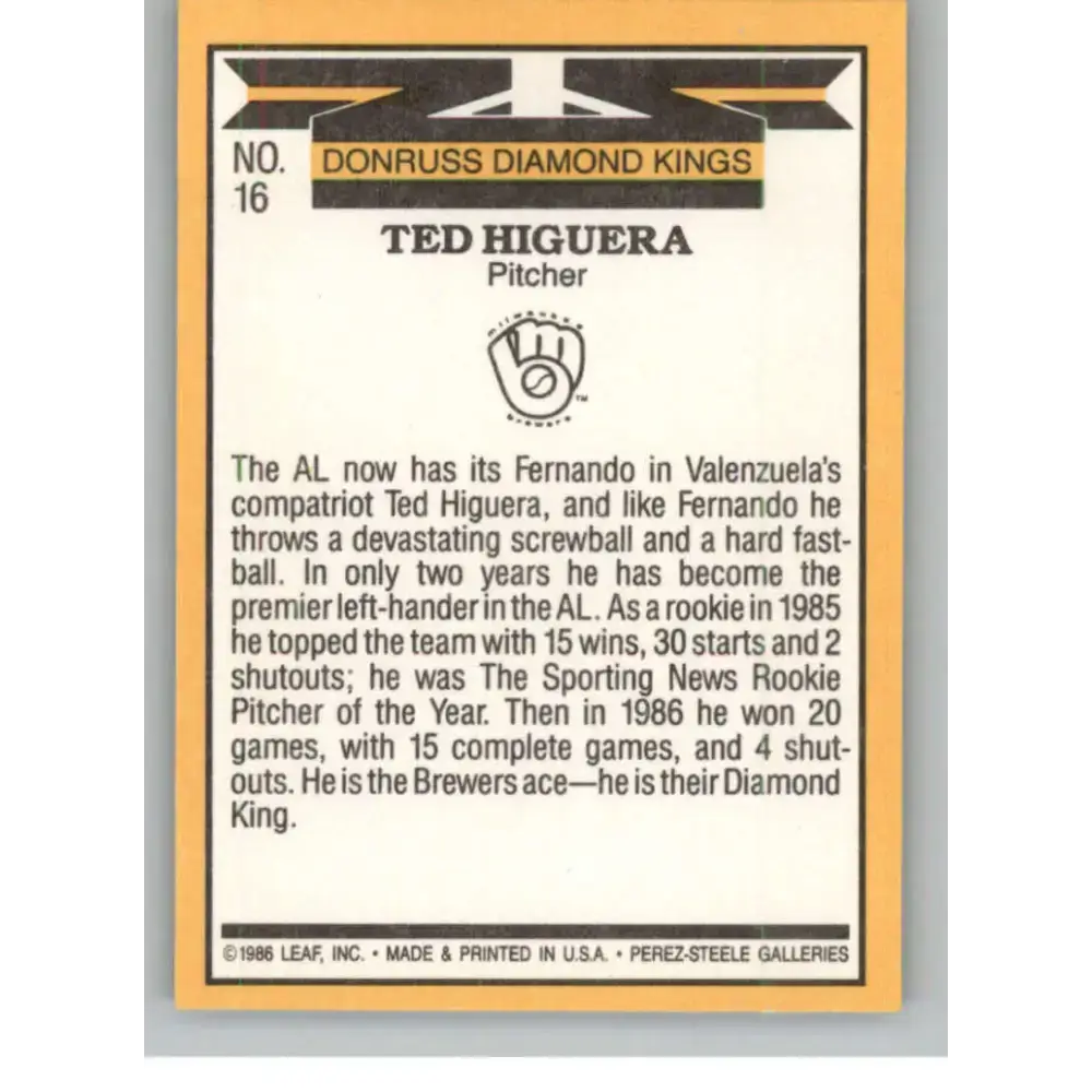 1987 Donruss #16 Teddy Higuera EX Excellent Milwaukee Brewers Baseball Card - Baseball Card Single