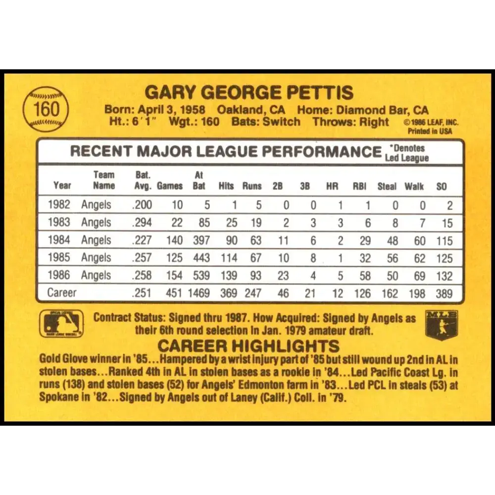 1987 Donruss #160 Gary Pettis EX Excellent California Angels Baseball Card - Baseball Card Single