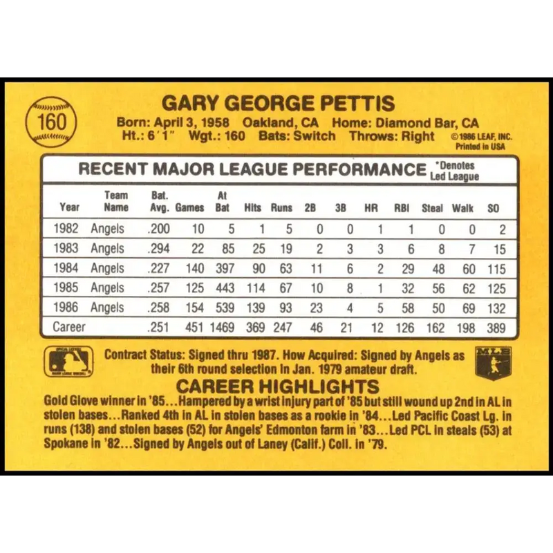 1987 Donruss #160 Gary Pettis EX Excellent California Angels Baseball Card - Baseball Card Single