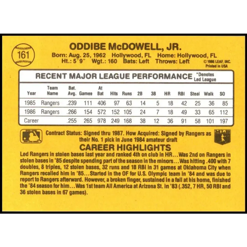 1987 Donruss #161 Oddibe McDowell EX Excellent Texas Rangers Baseball Card - Baseball Card Single