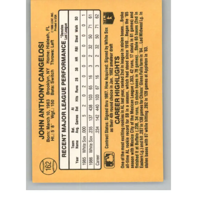 1987 Donruss #162 John Cangelosi EX Excellent RC Rookie Chicago White Sox Baseball Card - Baseball Card Single