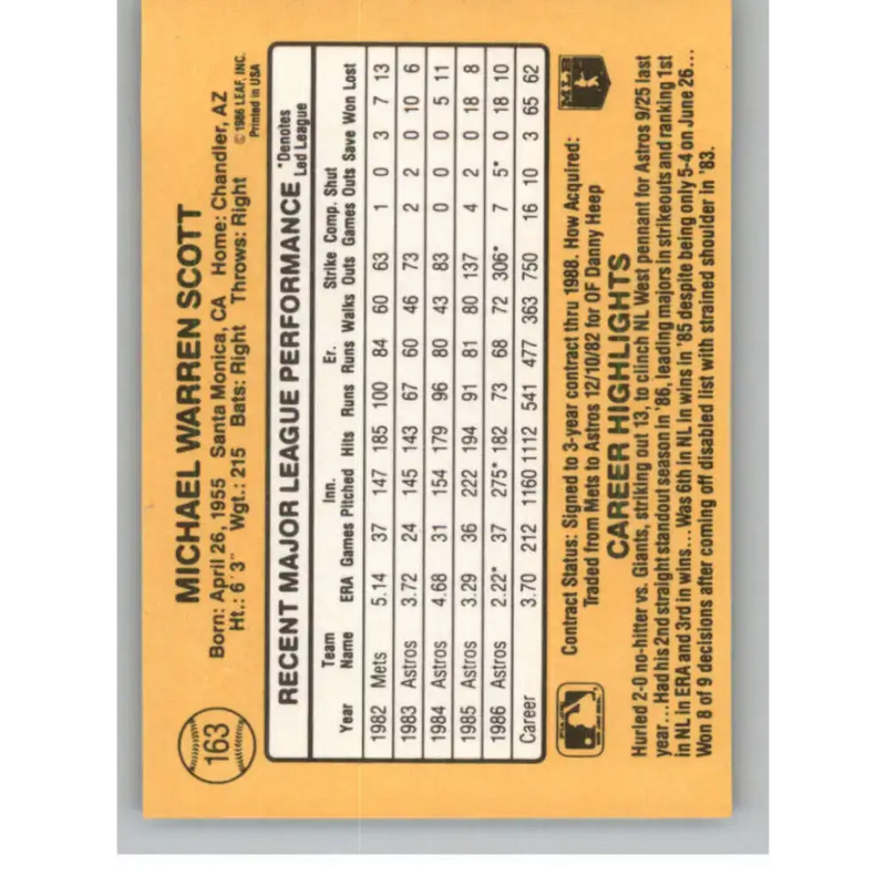1987 Donruss #163 Mike Scott EX Excellent Houston Astros Baseball Card - Baseball Card Single