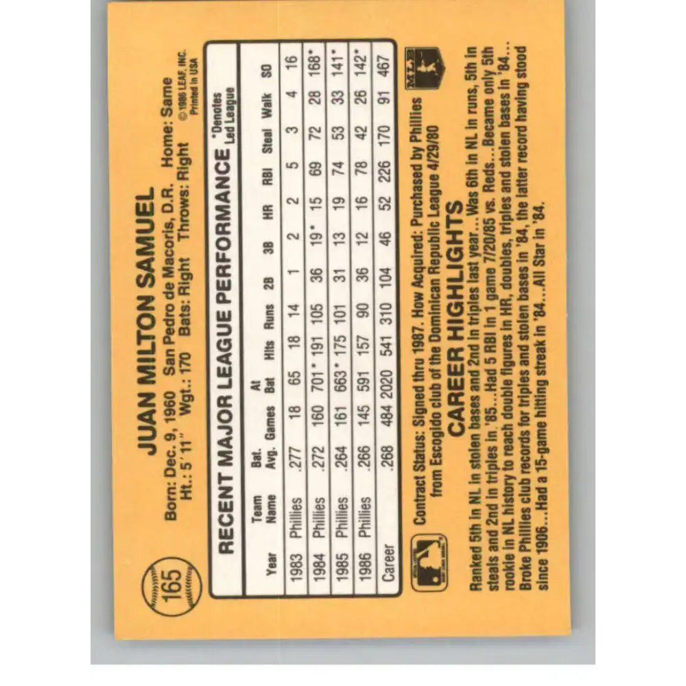 1987 Donruss #165 Juan Samuel EX Excellent Philadelphia Phillies Baseball Card - Baseball Card Single