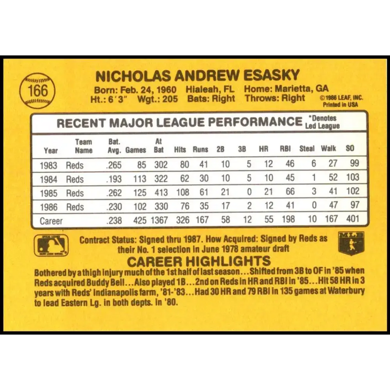 1987 Donruss #166 Nick Esasky EX Excellent Cincinnati Reds Baseball Card - Baseball Card Single