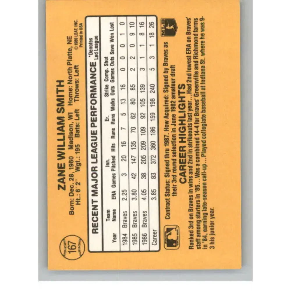 1987 Donruss #167 Zane Smith EX Atlanta Braves Baseball Card - Baseball Card Single