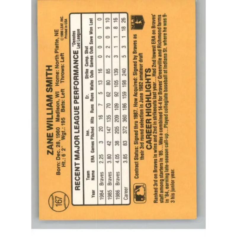 1987 Donruss #167 Zane Smith EX Atlanta Braves Baseball Card - Baseball Card Single