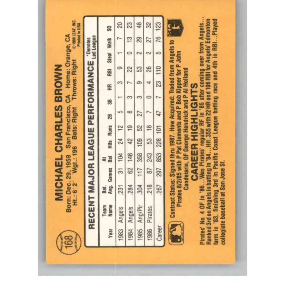 1987 Donruss #168 Mike Brown EX Excellent Pittsburgh Pirates Baseball Card - Baseball Card Single