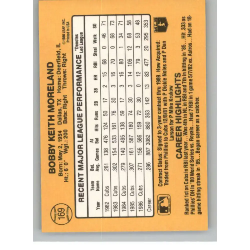 1987 Donruss #169 Keith Moreland EX Excellent Chicago Cubs Baseball Card - Baseball Card Single