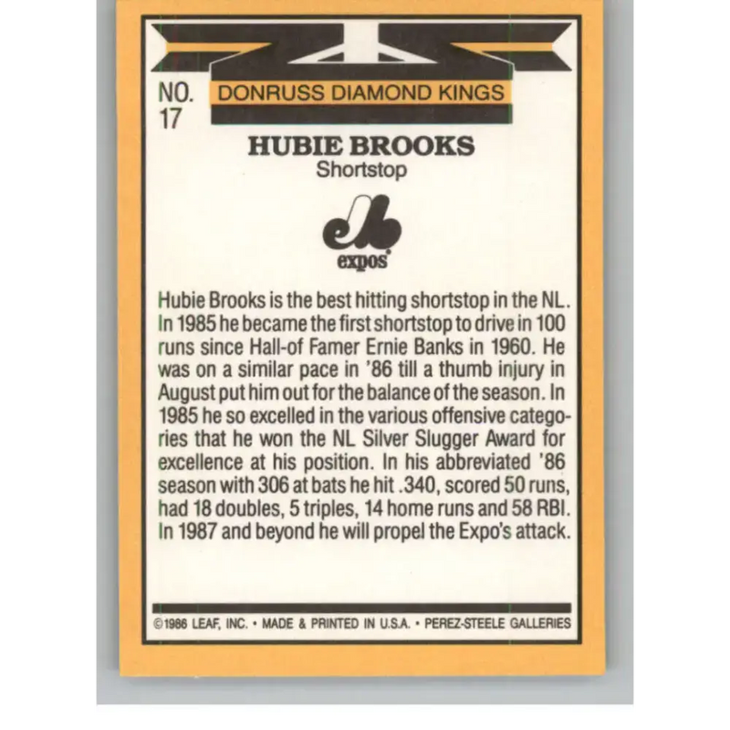 1987 Donruss #17 Hubie Brooks EX Excellent Montreal Expos Baseball Card - Baseball Card Single