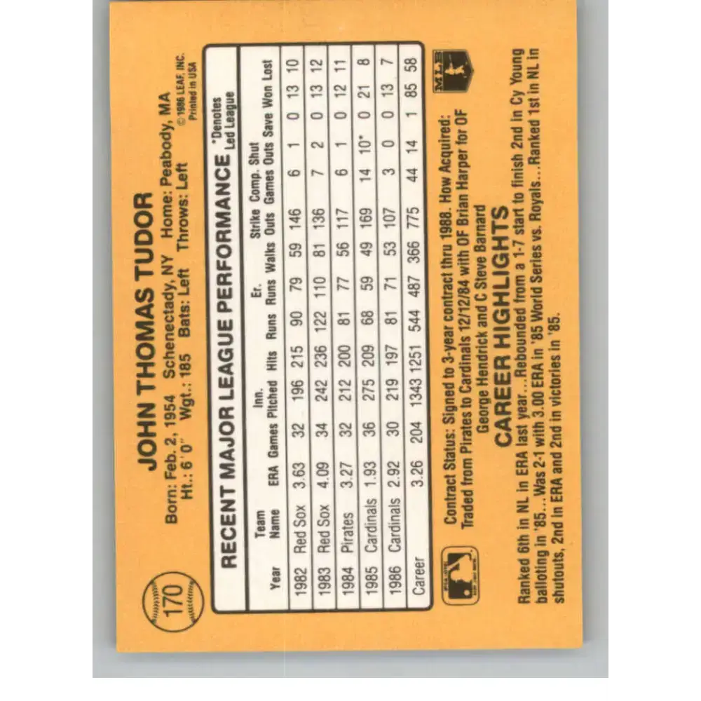 1987 Donruss #170 John Tudor EX St. Louis Cardinals Baseball Card