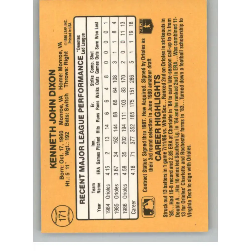 1987 Donruss #171 Ken Dixon EX Excellent Baltimore Orioles Baseball Card - Baseball Card Single