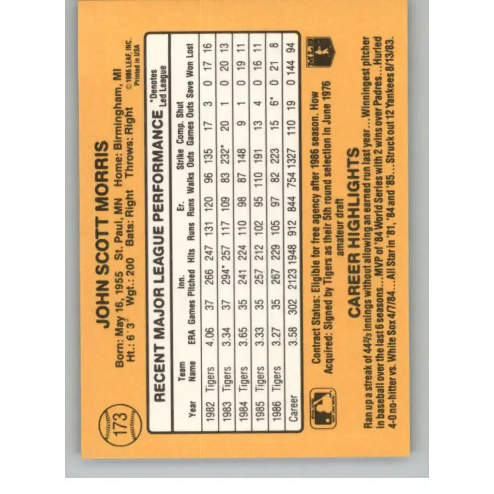1987 Donruss #173 Jack Morris EX Excellent Detroit Tigers Baseball Card