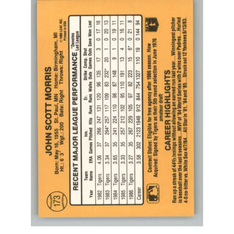 1987 Donruss #173 Jack Morris EX Excellent Detroit Tigers Baseball Card