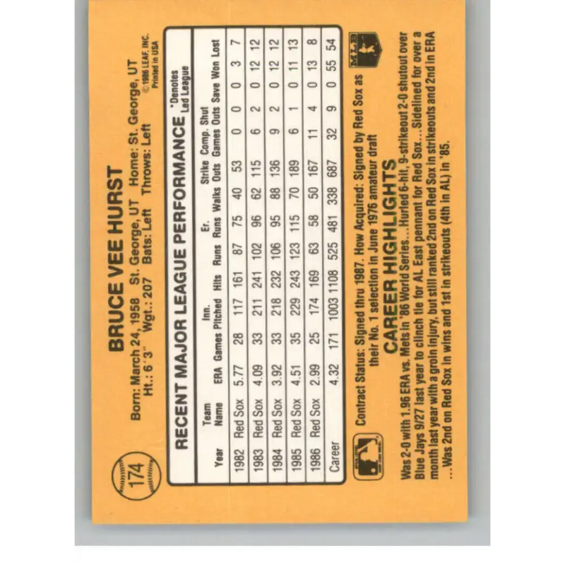 1987 Donruss #174 Bruce Hurst EX Excellent Boston Red Sox Baseball Card - Baseball Card Single