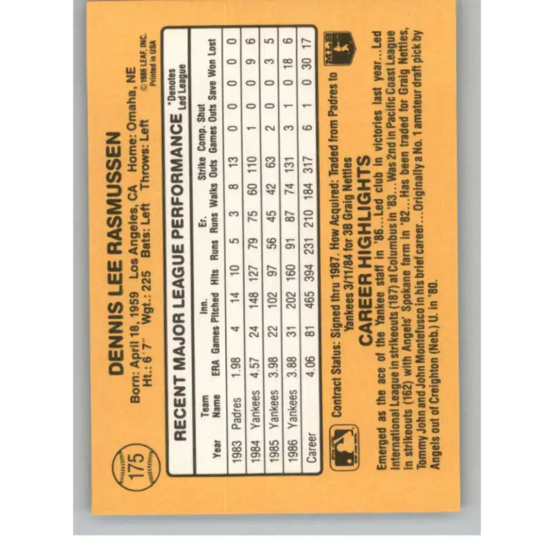 1987 Donruss #175 Dennis Rasmussen EX Excellent New York Yankees Baseball Card - Baseball Card Single
