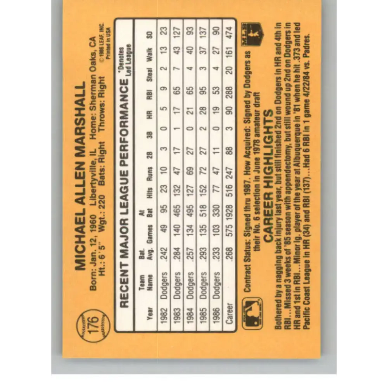 1987 Donruss #176 Mike Marshall EX Excellent Los Angeles Dodgers Baseball Card - Baseball Card Single