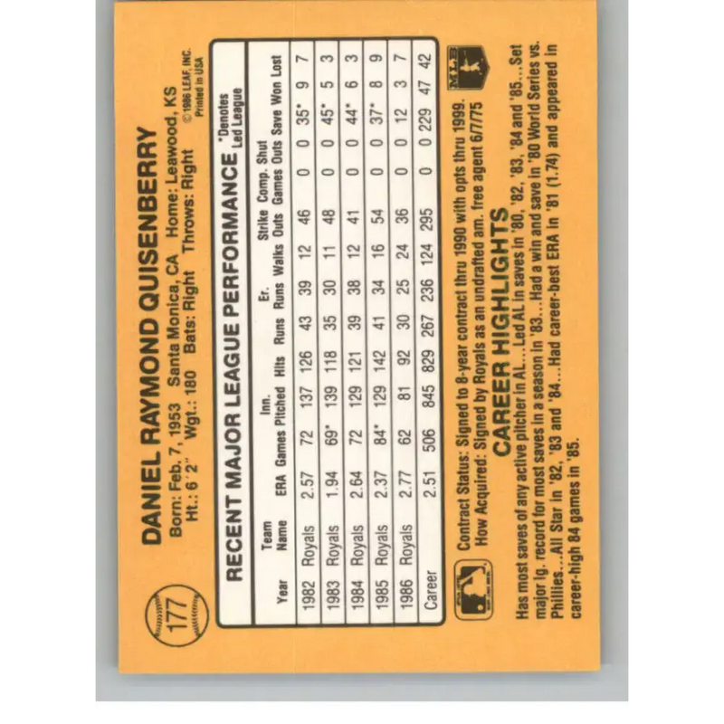 1987 Donruss #177 Dan Quisenberry EX Excellent Kansas City Royals Baseball Card