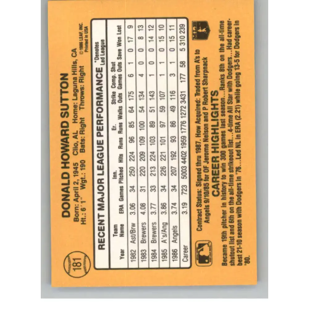 1987 Donruss #181 Don Sutton EX Excellent California Angels Baseball Card - Baseball Card Single