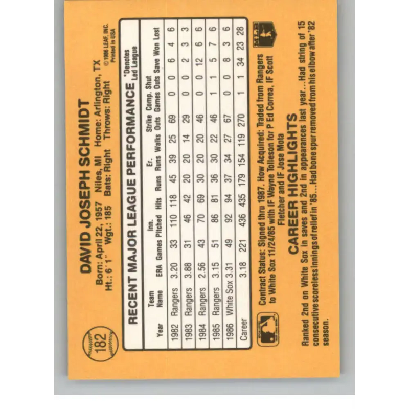 1987 Donruss #182 Dave Schmidt EX Excellent Chicago White Sox Baseball Card - Baseball Card Single