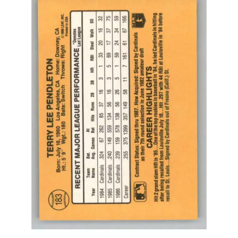 1987 Donruss #183 Terry Pendleton EX Excellent St. Louis Cardinals Baseball Card - Baseball Card Single