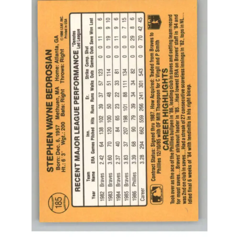 1987 Donruss #185 Steve Bedrosian EX Philadelphia Phillies Baseball Card - Baseball Card Single