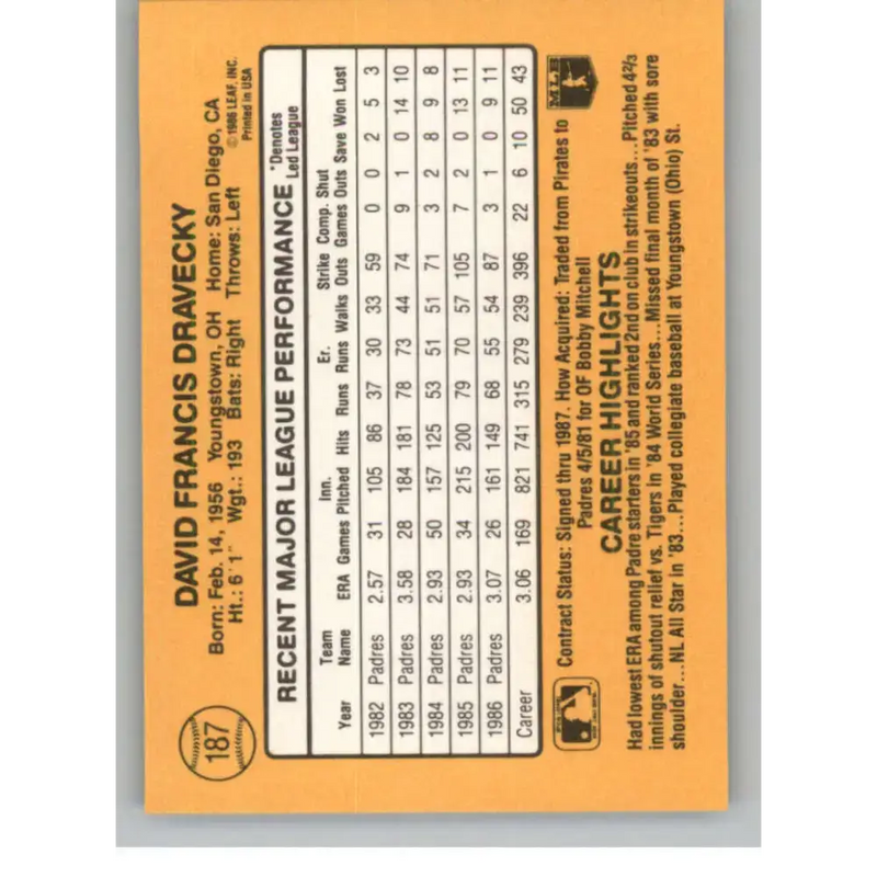 1987 Donruss #187 Dave Dravecky EX Excellent San Diego Padres Baseball Card - Baseball Card Single