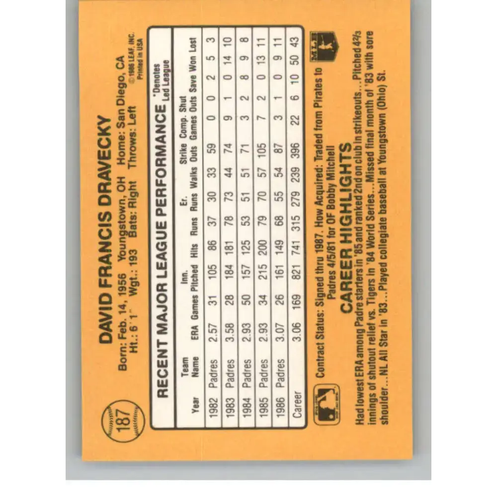 1987 Donruss #187 Dave Dravecky EX San Diego Padres Baseball Card - Baseball Card Single