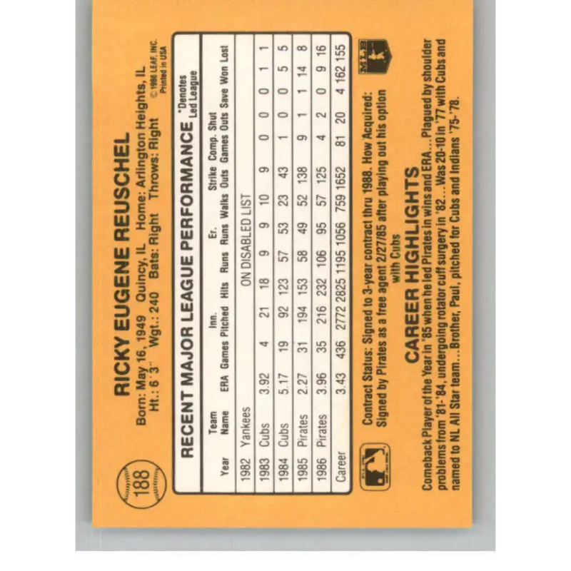 1987 Donruss #188 Rick Reuschel EX Excellent Pittsburgh Pirates Baseball Card - Baseball Card Single
