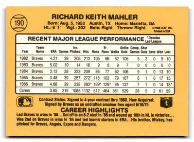 Back of a Rick Mahler baseball card from 1987 Donruss #190 showcasing Mahler baseball card
