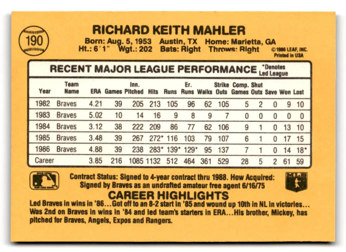 1987 Donruss #190 Rick Mahler - Baseball Card Single