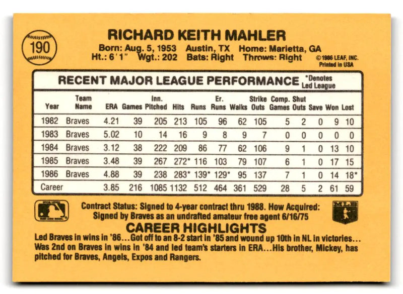 1987 Donruss #190 Rick Mahler - Baseball Card Single