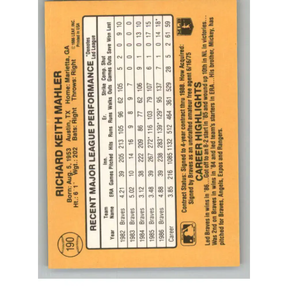 1987 Donruss #190 Rick Mahler EX Excellent Atlanta Braves Baseball Card - Baseball Card Single