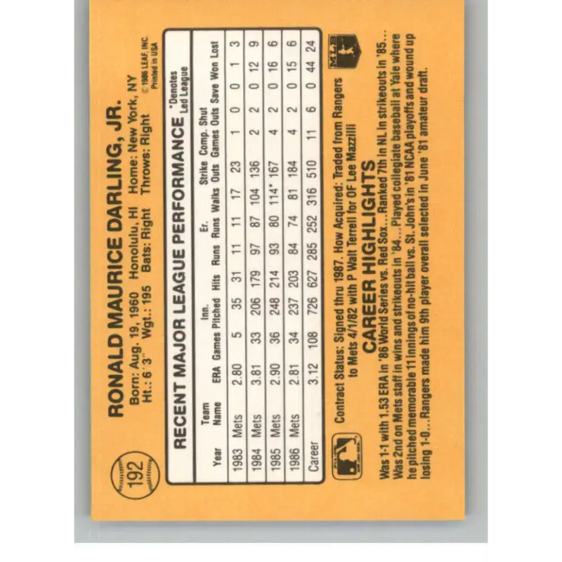 1987 Donruss #192 Ron Darling EX Excellent New York Mets Baseball Card - Baseball Card Single